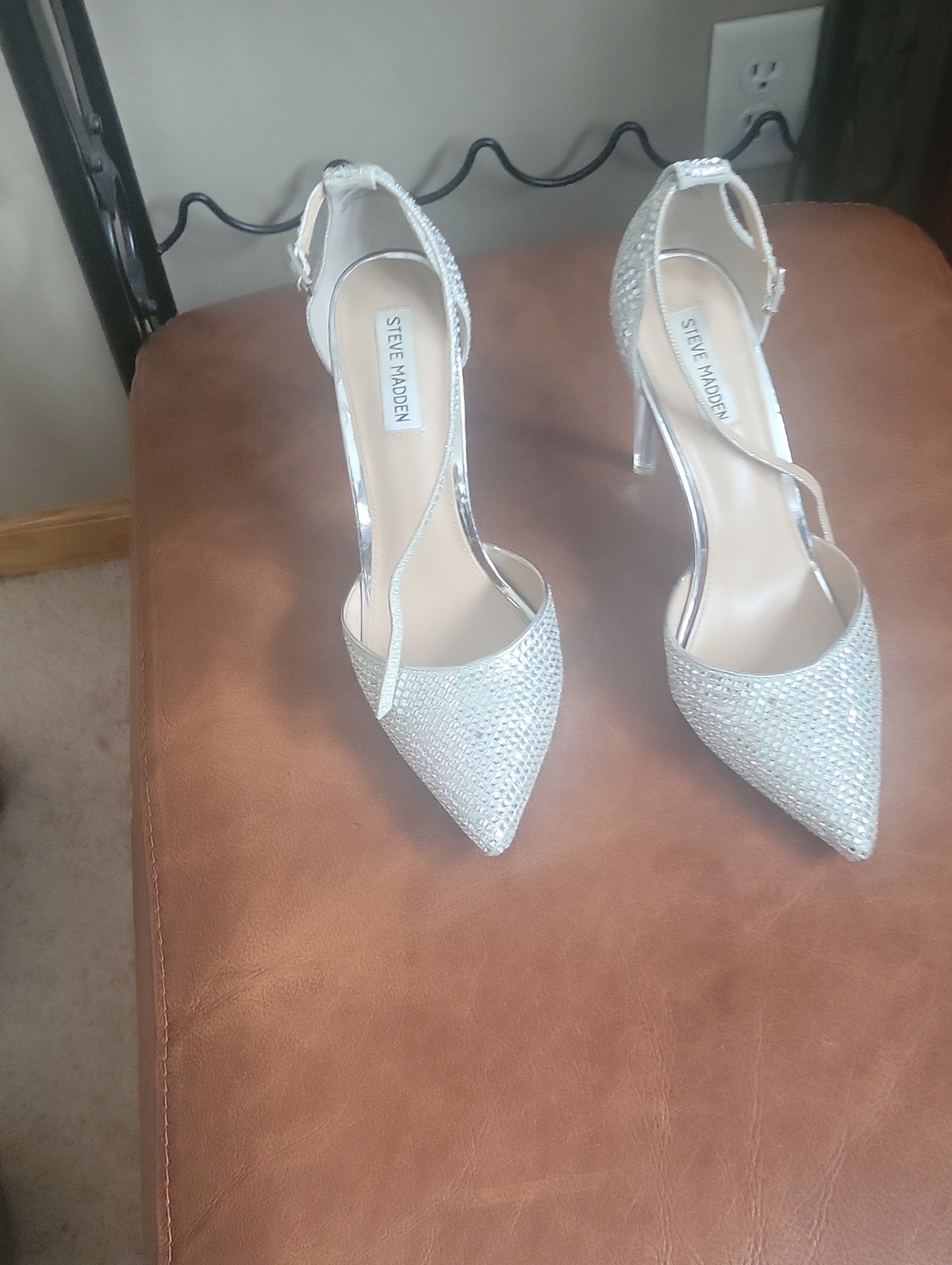 Steve Madden Silver Embellished Pointed-Toe Ankle Strap Heels